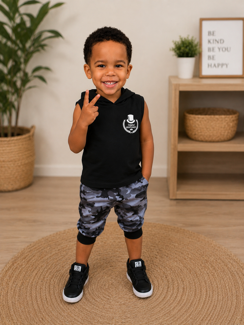 2PCS Toddler Kids Baby Boy Sleeveless Hooded Clothes T-shirt Tops Camo Pants Outfits